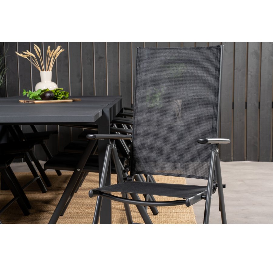 VENTURE DESIGN havest m. Marbella bord m. udtrk og 8 Break stole m. recliner - sort alu/textilene