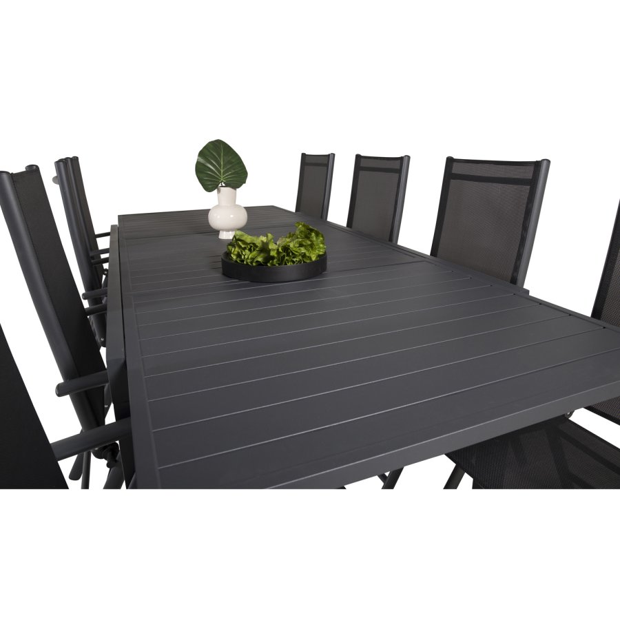 VENTURE DESIGN havest m. Marbella bord m. udtrk og 8 Break stole m. recliner - sort alu/textilene