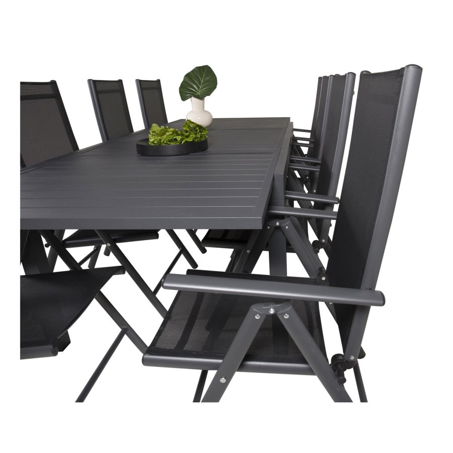 VENTURE DESIGN havest m. Marbella bord m. udtrk og 8 Break stole m. recliner - sort alu/textilene
