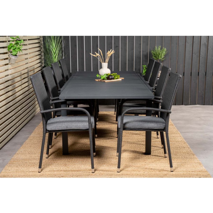 VENTURE DESIGN havest m Marbella bord m. udtrk og 8 Anna stole m. armln + hynde - sort rattan/alu