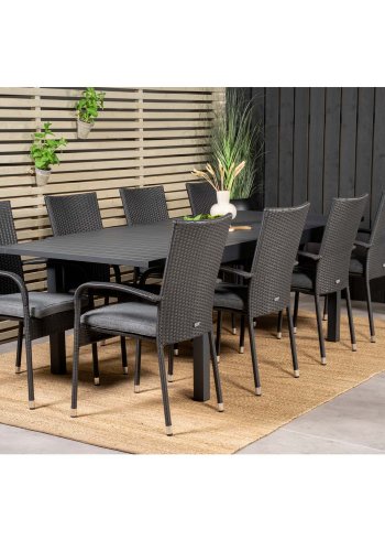 VENTURE DESIGN havest m Marbella bord m. udtrk og 8 Anna stole m. armln + hynde - sort rattan/alu