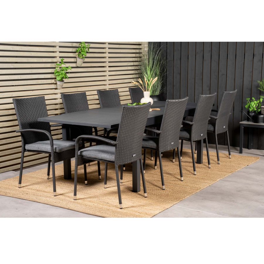 VENTURE DESIGN havest m Marbella bord m. udtrk og 8 Anna stole m. armln + hynde - sort rattan/alu