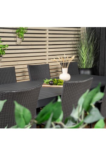 VENTURE DESIGN havest m Marbella bord m. udtrk og 8 Anna stole m. armln + hynde - sort rattan/alu