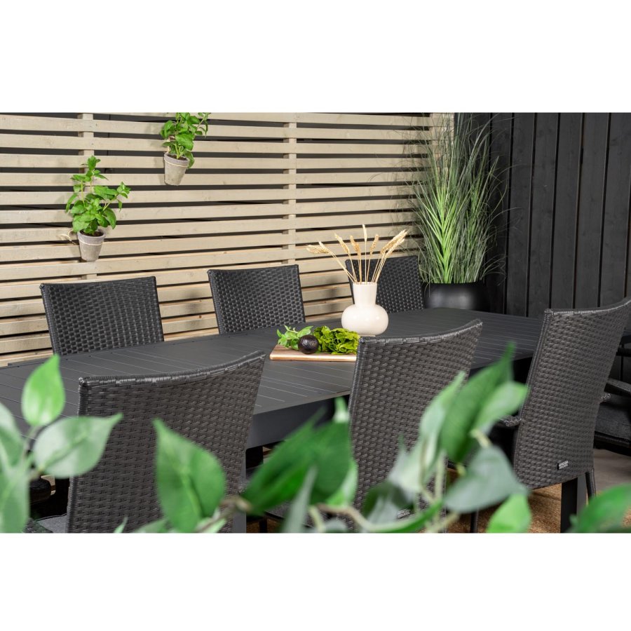 VENTURE DESIGN havest m Marbella bord m. udtrk og 8 Anna stole m. armln + hynde - sort rattan/alu