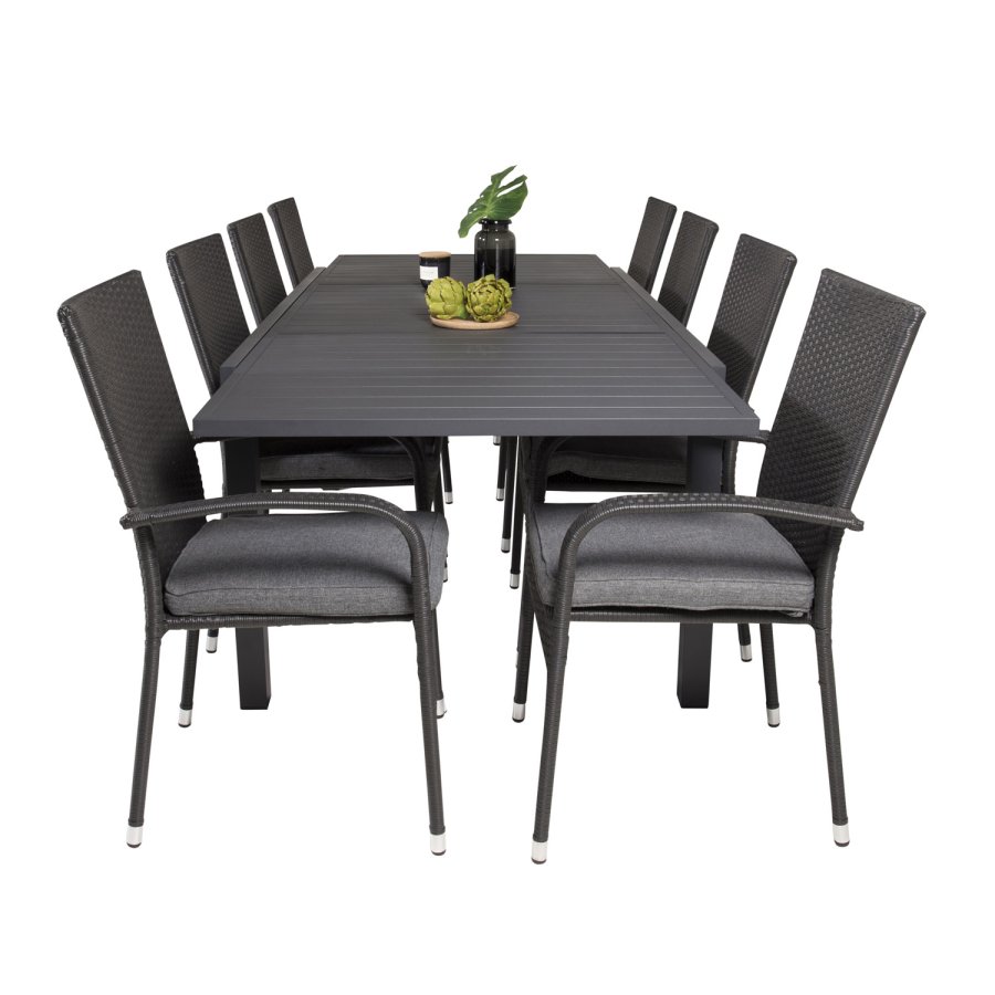 VENTURE DESIGN havest m Marbella bord m. udtrk og 8 Anna stole m. armln + hynde - sort rattan/alu