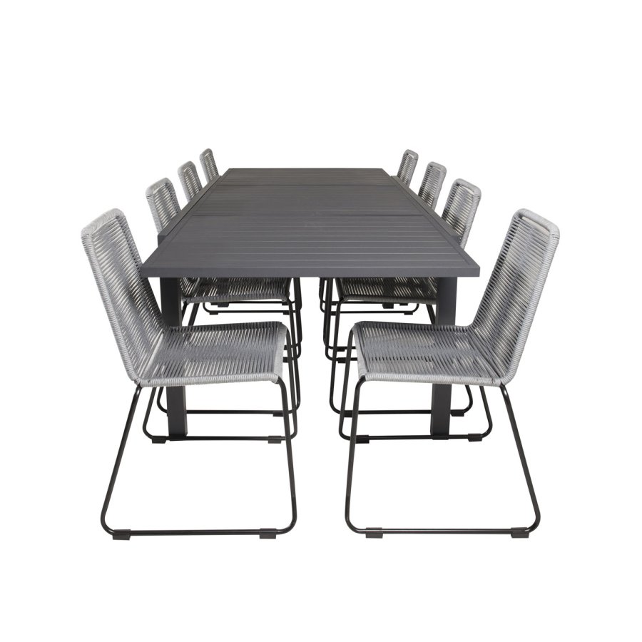 VENTURE DESIGN havest m. Marbella bord m. udtrk og 8 Lindos stole - grt reb/sort alu
