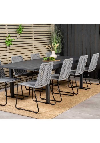 VENTURE DESIGN havest m. Marbella bord m. udtrk og 8 Lindos stole - grt reb/sort alu