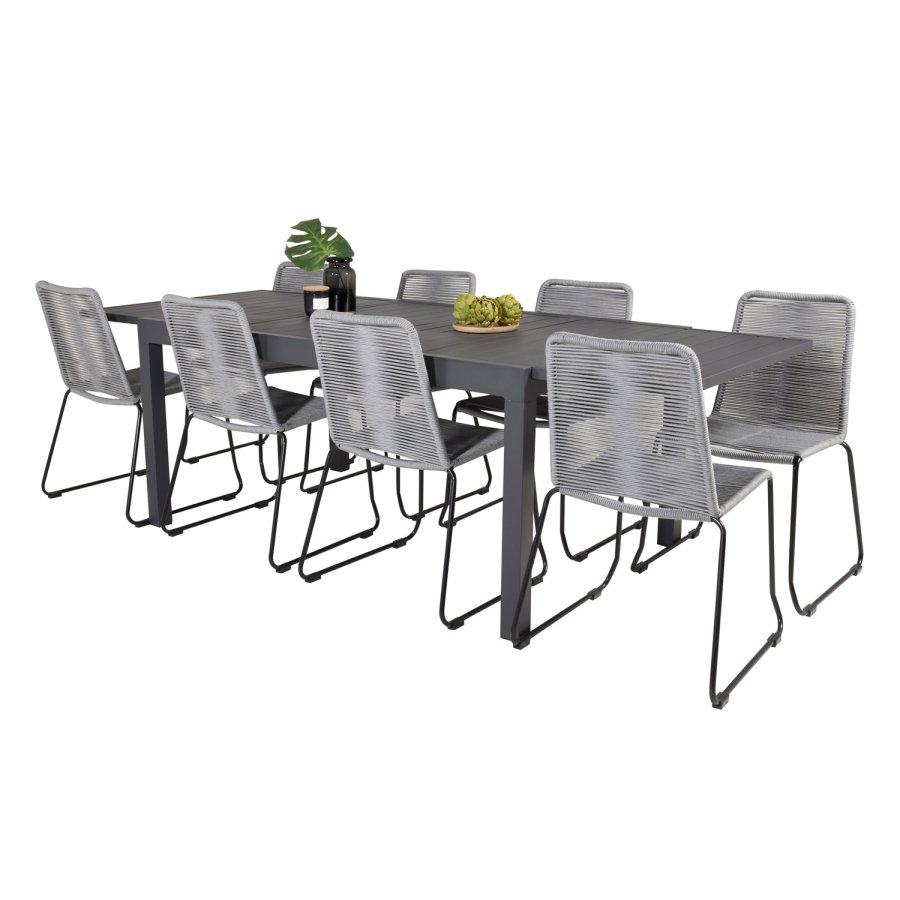 VENTURE DESIGN havest m. Marbella bord m. udtrk og 8 Lindos stole - grt reb/sort alu