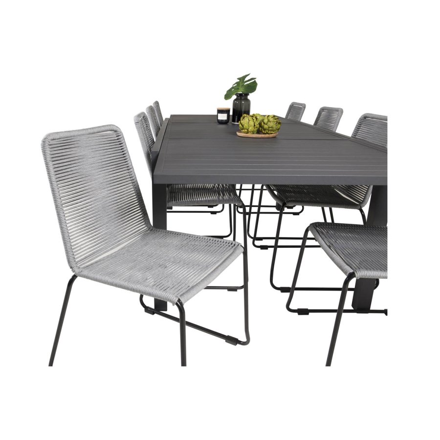 VENTURE DESIGN havest m. Marbella bord m. udtrk og 8 Lindos stole - grt reb/sort alu