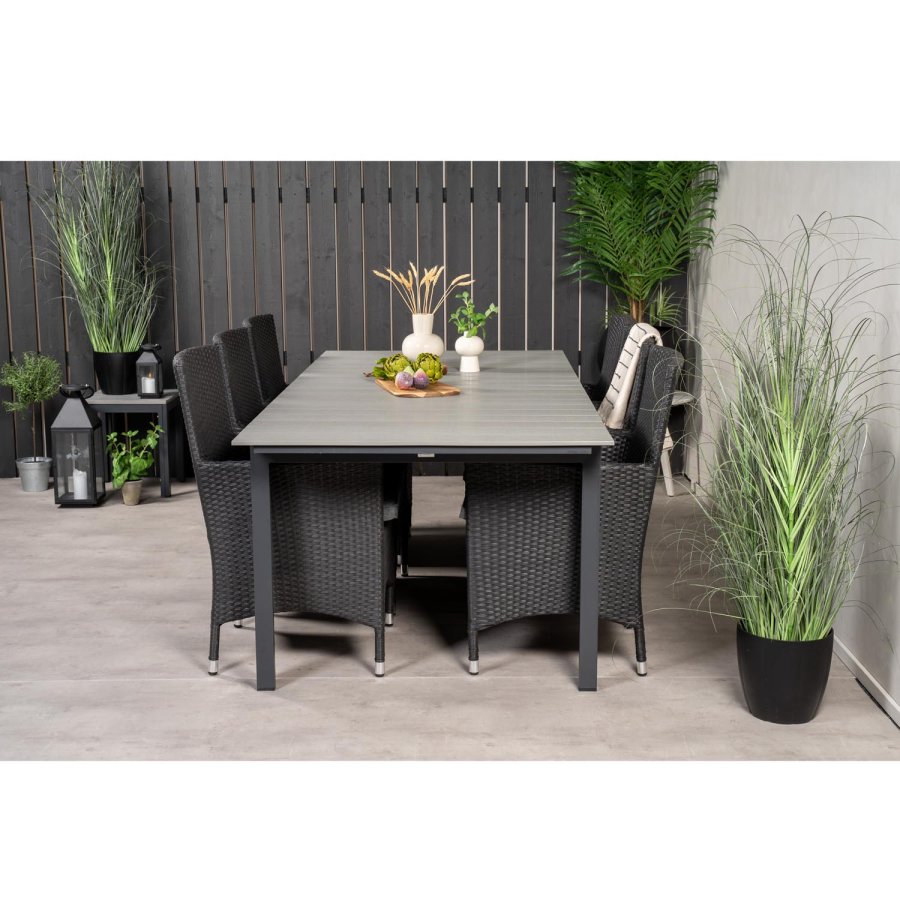 VENTURE DESIGN Gartenset, mit Levels Tisch, mit Verlängerung und 6 Malin Stühlen, mit Armlehnen - Anthrazit/Alu