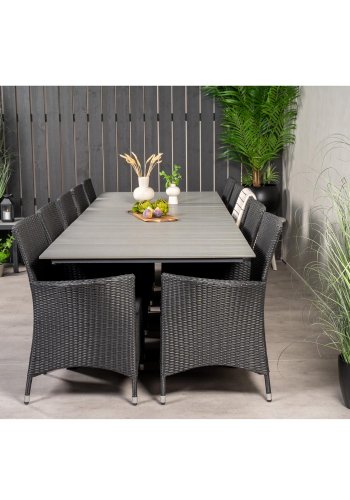 VENTURE DESIGN havest m Levels bord m udtrk og 10 Knick stole m. armln - gr aintwood/sort rattan