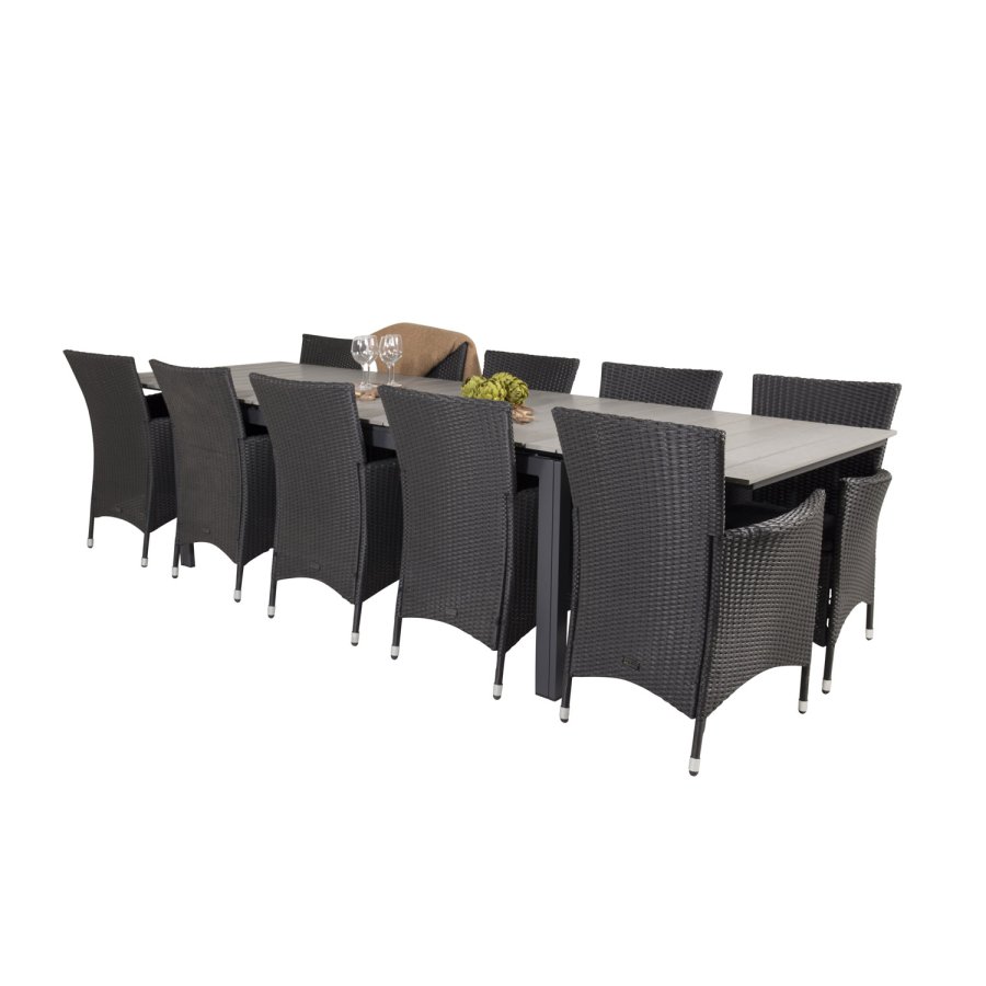 VENTURE DESIGN havest m Levels bord m udtrk og 10 Knick stole m. armln - gr aintwood/sort rattan