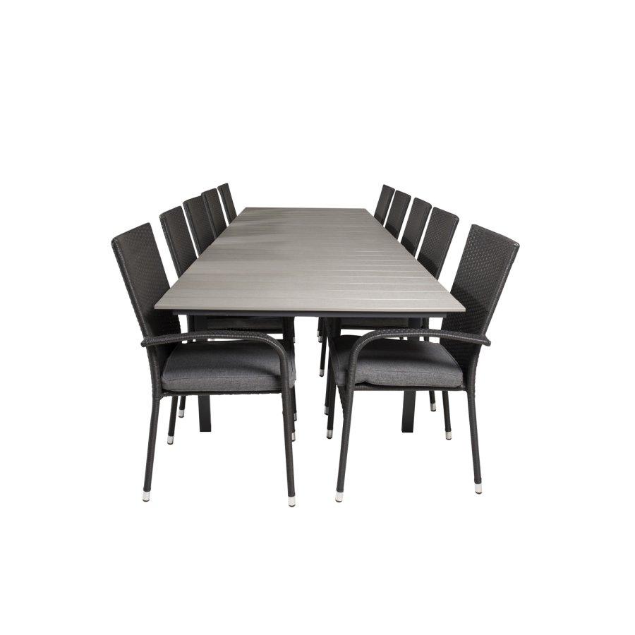 VENTURE DESIGN Gartenset mit Levels-Tisch mit Verlängerung und 10 Anna-Stühlen mit Armlehnen – graues Aintwood/schwarzes Rattan