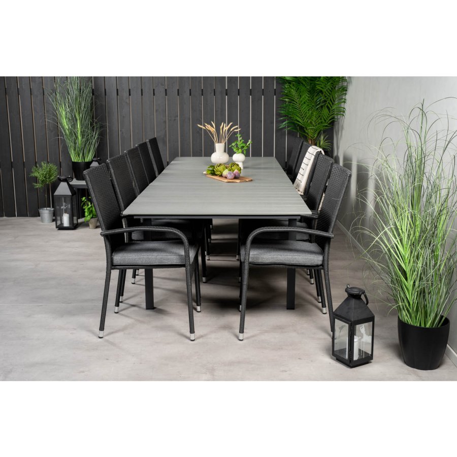 VENTURE DESIGN Gartenset mit Levels-Tisch mit Verlängerung und 10 Anna-Stühlen mit Armlehnen – graues Aintwood/schwarzes Rattan