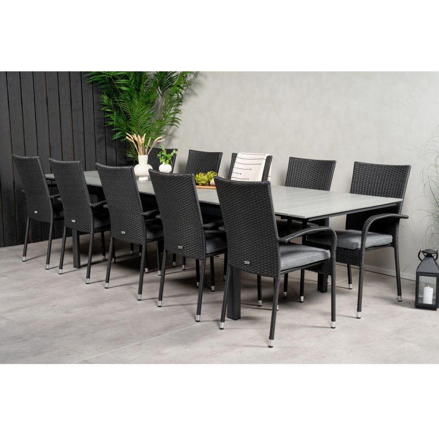 VENTURE DESIGN Gartenset mit Levels-Tisch mit Verlängerung und 10 Anna-Stühlen mit Armlehnen – graues Aintwood/schwarzes Rattan