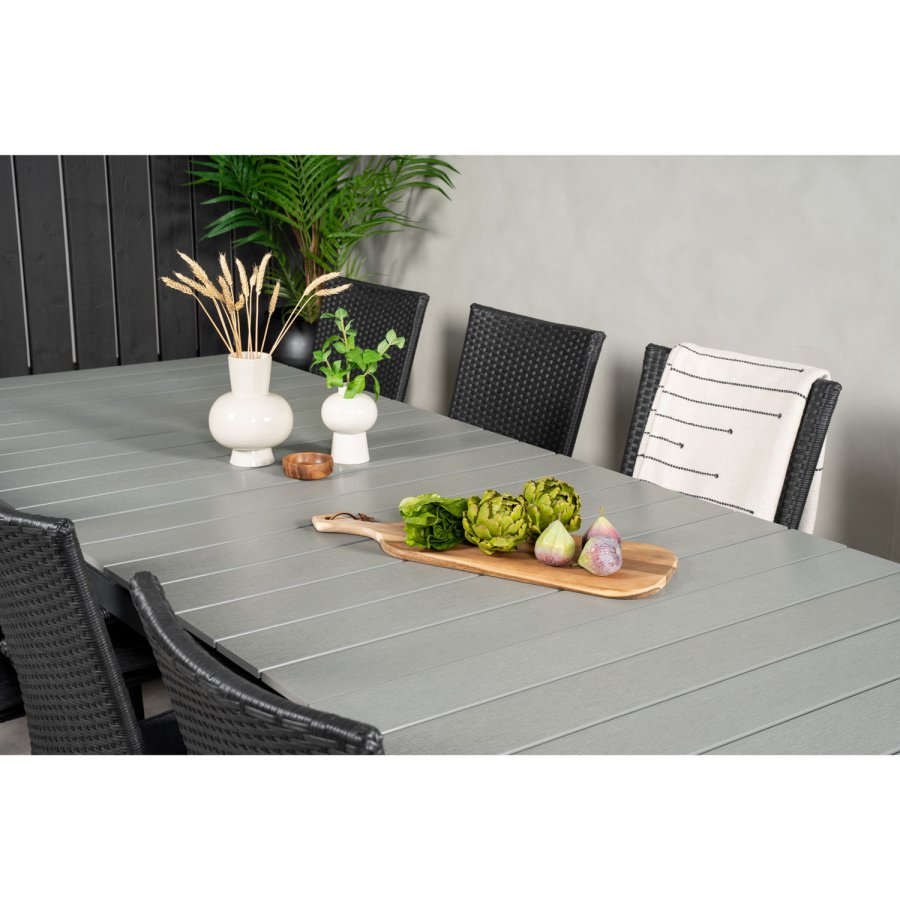 VENTURE DESIGN Gartenset mit Levels-Tisch mit Verlängerung und 10 Anna-Stühlen mit Armlehnen – graues Aintwood/schwarzes Rattan