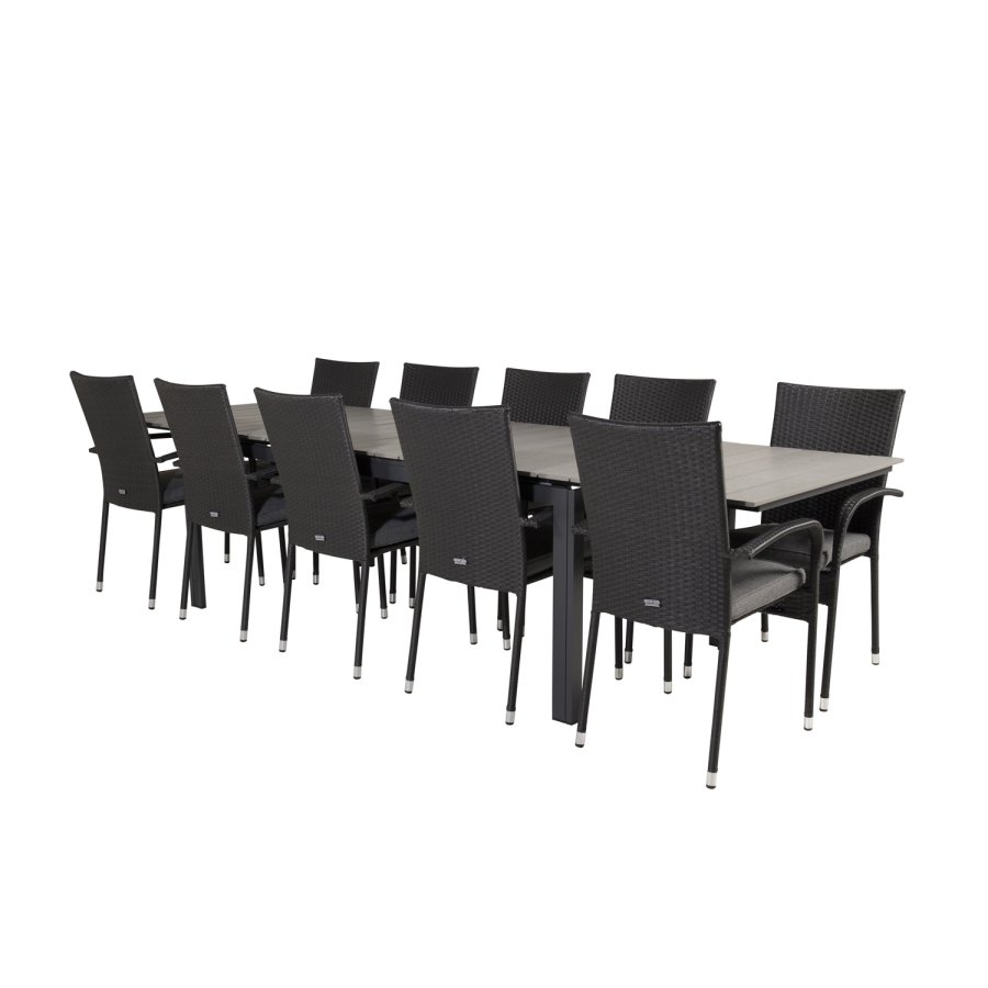 VENTURE DESIGN Gartenset mit Levels-Tisch mit Verlängerung und 10 Anna-Stühlen mit Armlehnen – graues Aintwood/schwarzes Rattan