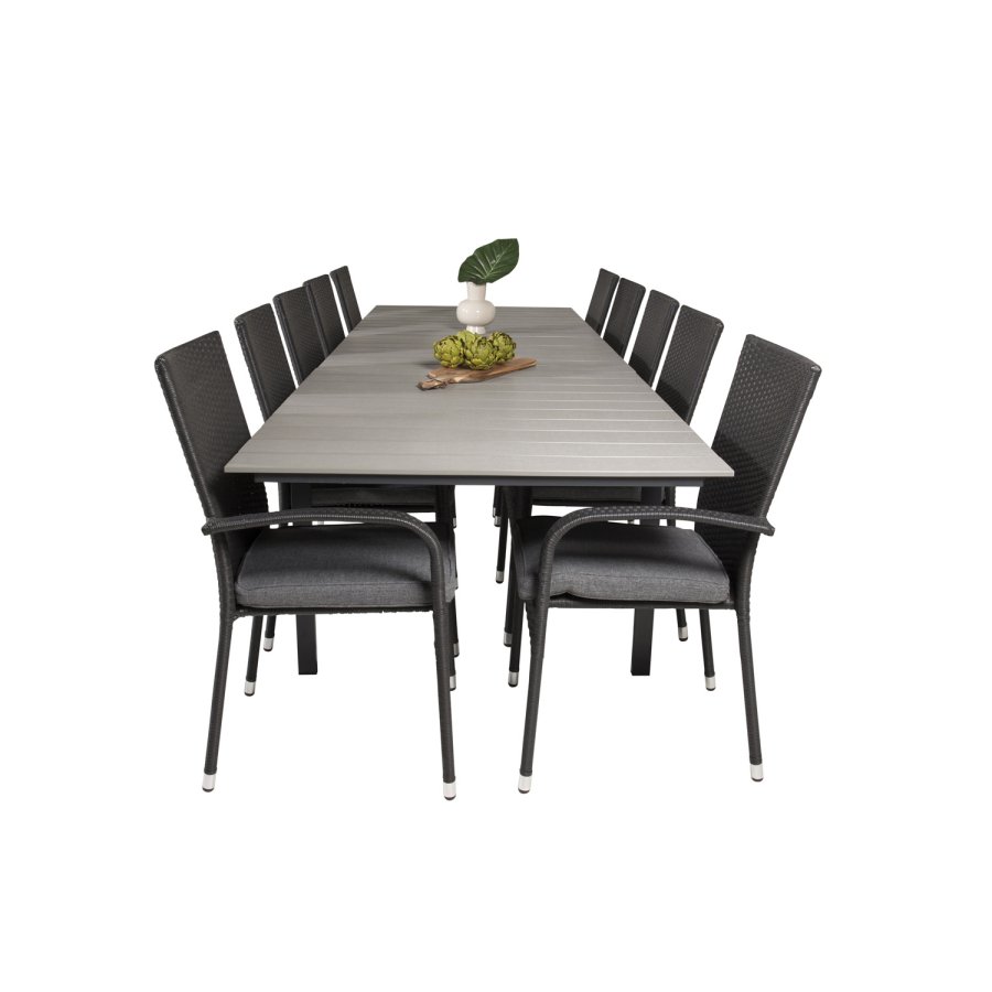VENTURE DESIGN Gartenset mit Levels-Tisch mit Verlängerung und 10 Anna-Stühlen mit Armlehnen – graues Aintwood/schwarzes Rattan