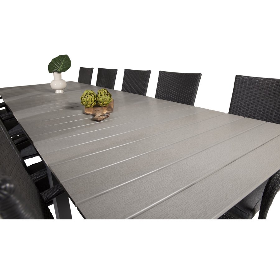 VENTURE DESIGN Gartenset mit Levels-Tisch mit Verlängerung und 10 Anna-Stühlen mit Armlehnen – graues Aintwood/schwarzes Rattan