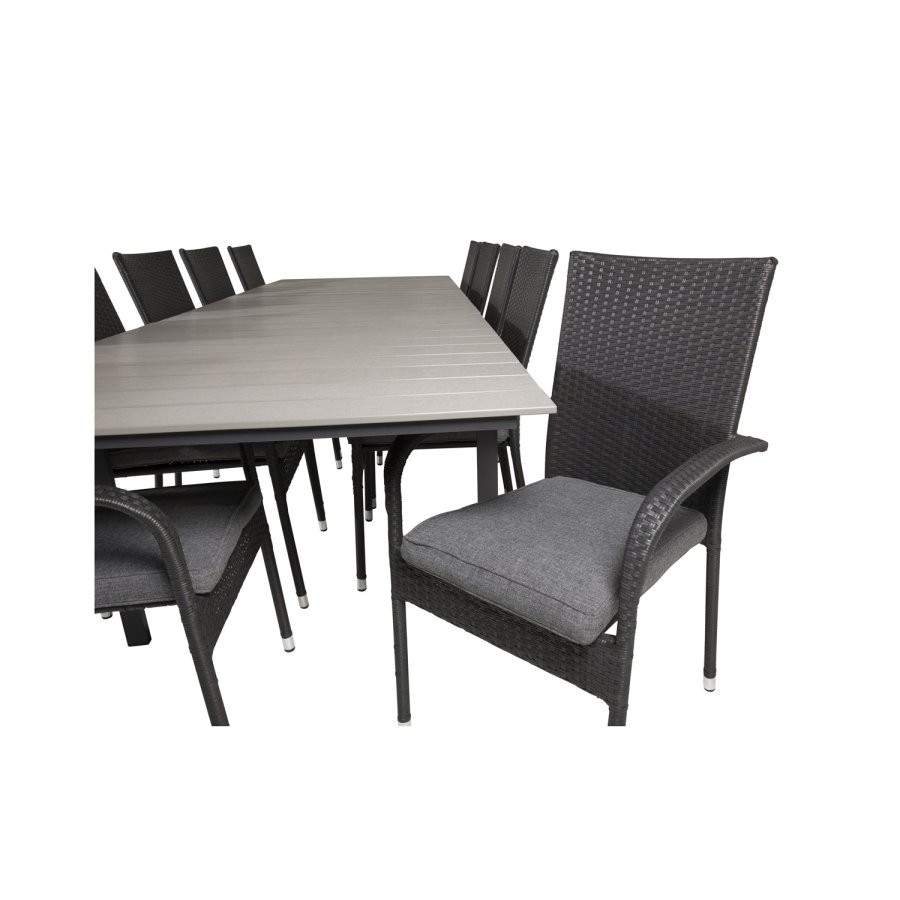 VENTURE DESIGN Gartenset mit Levels-Tisch mit Verlängerung und 10 Anna-Stühlen mit Armlehnen – graues Aintwood/schwarzes Rattan
