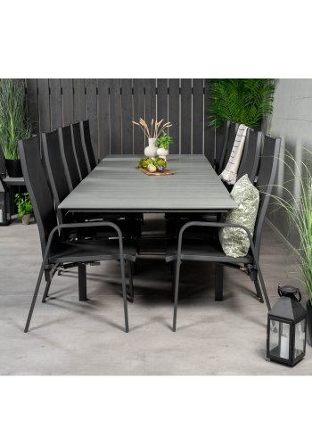 VENTURE DESIGN havest m Levels bord m udtrk og 10 Copacabana stole m. recliner - gr aintwood/sort