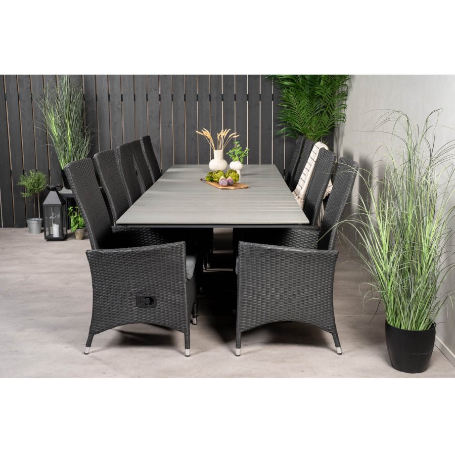 VENTURE DESIGN havest m. Levels bord m. udtrk og 10 Padova stole m. recliner - rattan/gr aintwood