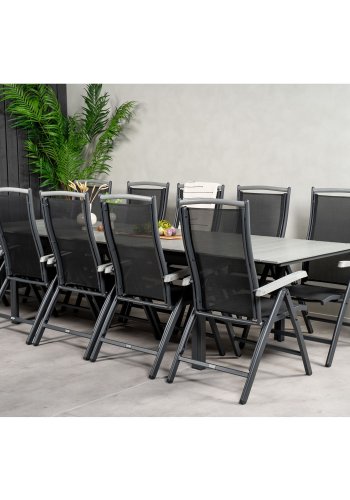 VENTURE DESIGN havest m. Levels bord m. udtrk og 10 Albany stole m. recliner - gr aintwood/sort 