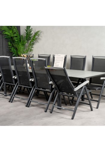 VENTURE DESIGN havest m. Levels bord m. udtrk og 10 Albany stole m. recliner - gr aintwood/sort 