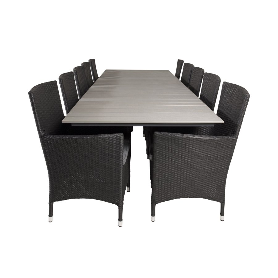 VENTURE DESIGN havest m Levels bord m udtrk og 10 Malin stole m. armln - sort rattan/gr aintwood