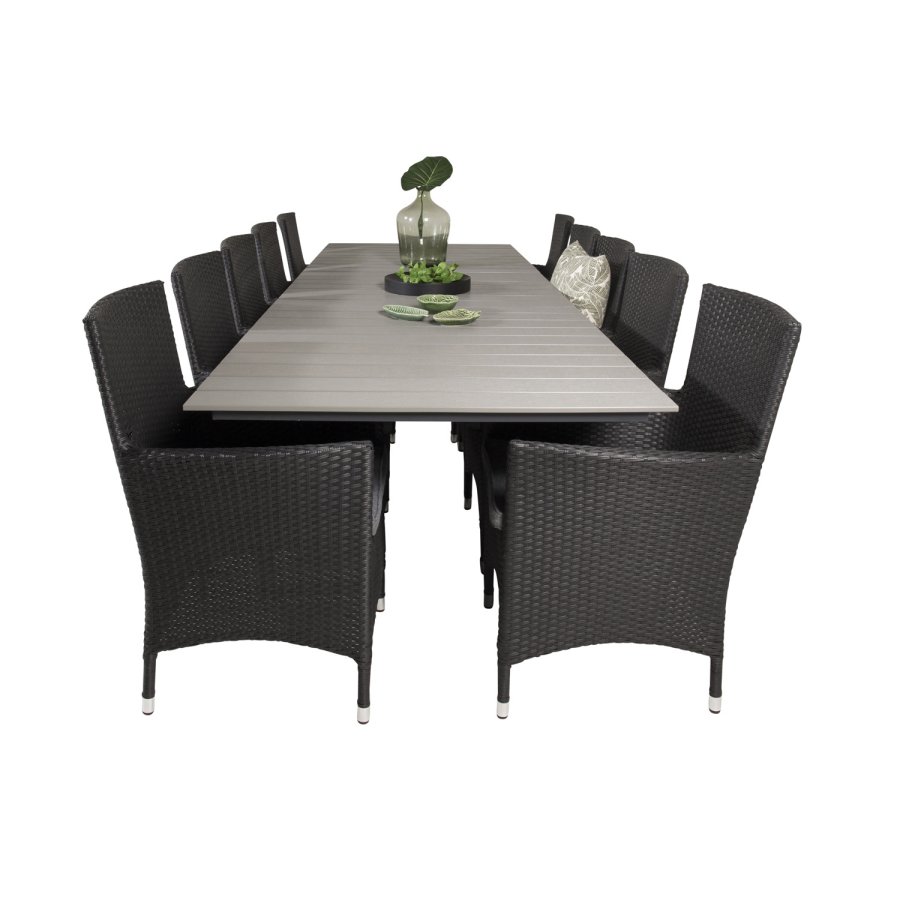 VENTURE DESIGN havest m Levels bord m udtrk og 10 Malin stole m. armln - sort rattan/gr aintwood