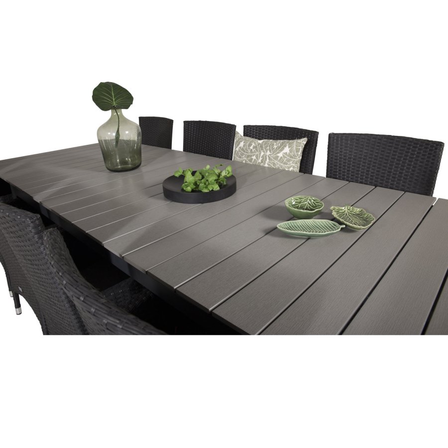 VENTURE DESIGN havest m Levels bord m udtrk og 10 Malin stole m. armln - sort rattan/gr aintwood