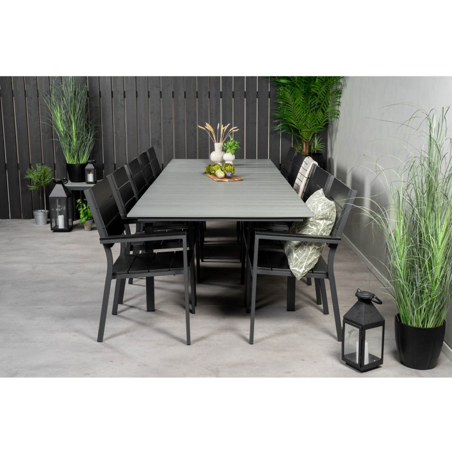 VENTURE DESIGN Levels havest m. bord m. udtrk og 10 stole m. armln - gr/sort aintwood/sort alu