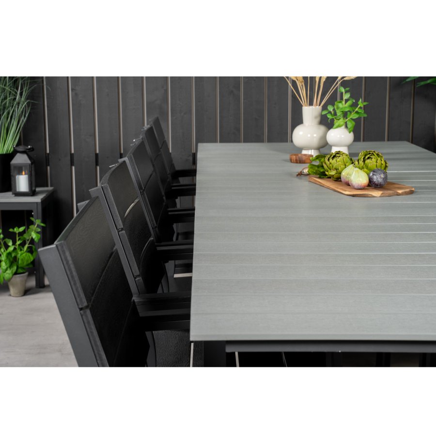 VENTURE DESIGN Levels havest m. bord m. udtrk og 10 stole m. armln - gr/sort aintwood/sort alu