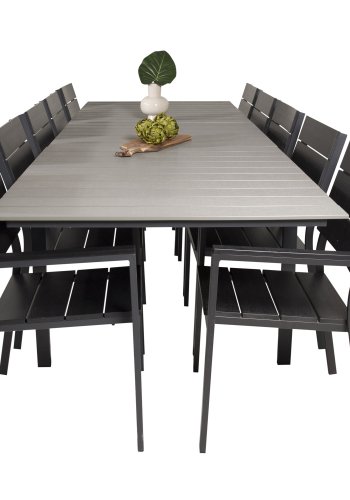 VENTURE DESIGN Levels havest m. bord m. udtrk og 10 stole m. armln - gr/sort aintwood/sort alu