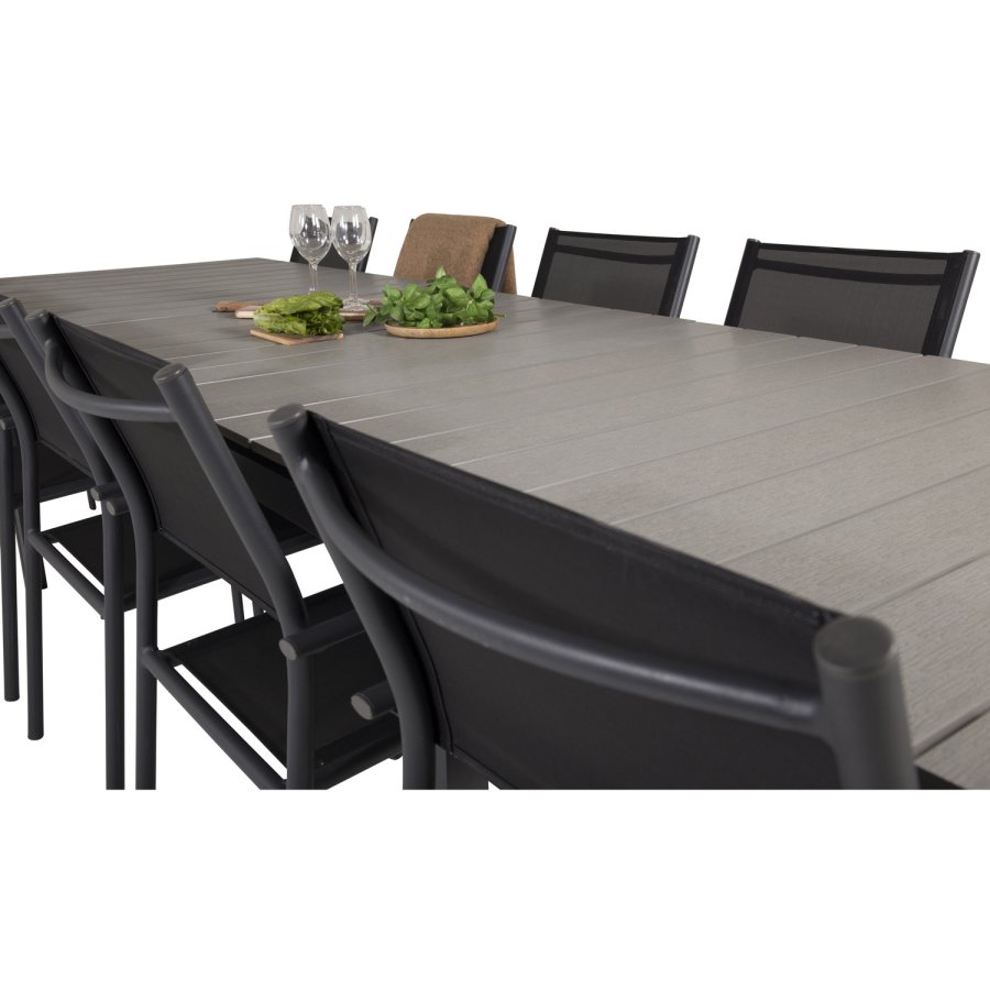 VENTURE DESIGN havest m Levels bord m udtrk og 10 Santorini stole m armln - sort aintwood/textile