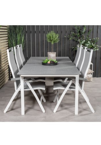 VENTURE DESIGN havest, m. Levels bord, m. udtrk og 6 Albany 5:pos. stole - aintwood/alu 