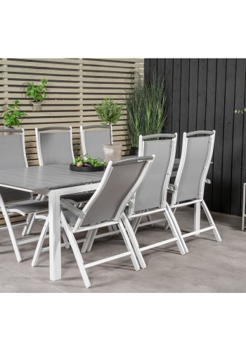 VENTURE DESIGN havest, m. Levels bord, m. udtrk og 6 Albany 5:pos. stole - aintwood/alu 