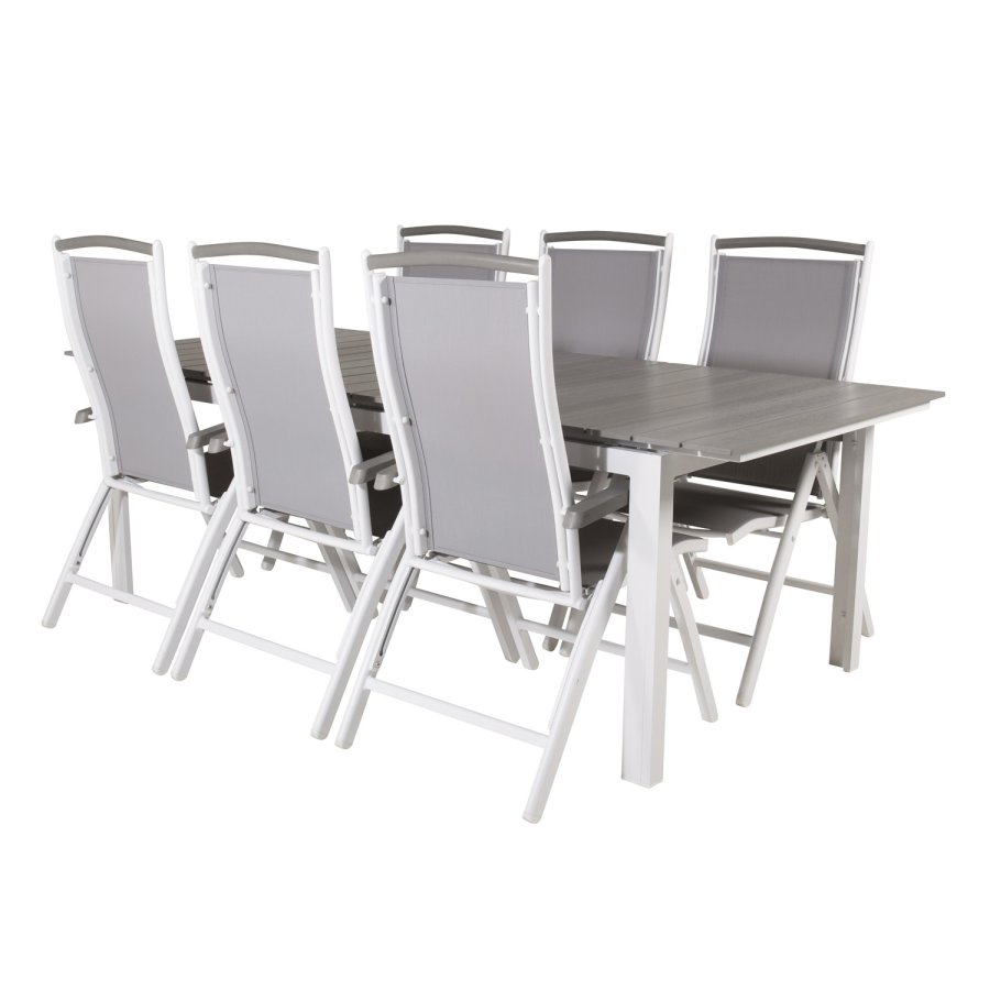 VENTURE DESIGN havest, m. Levels bord, m. udtrk og 6 Albany 5:pos. stole - aintwood/alu 