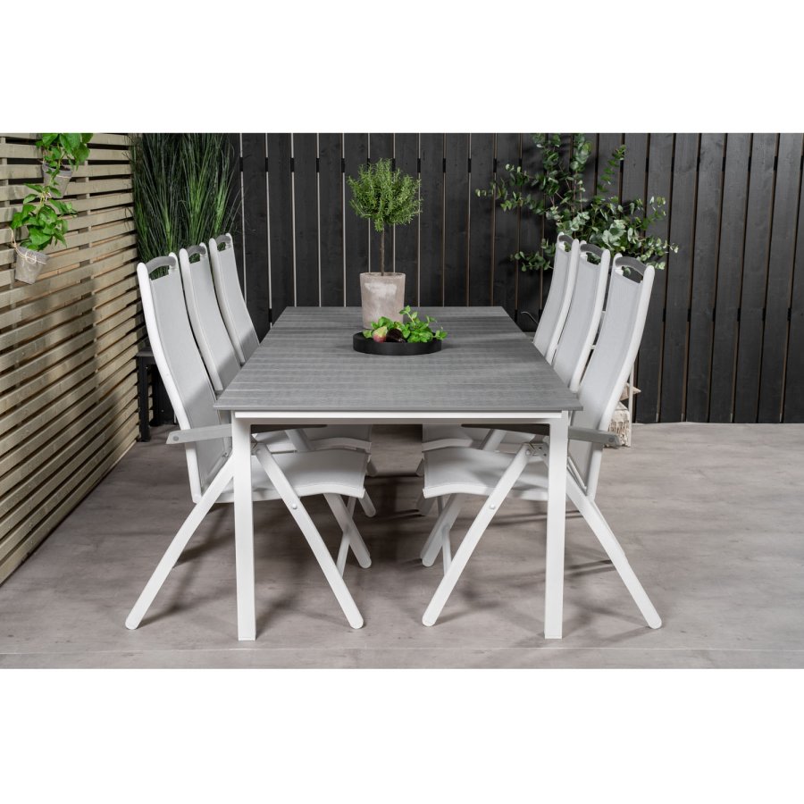 VENTURE DESIGN havest, m. Levels bord, m. udtrk og 6 Albany 5:pos. stole - aintwood/alu