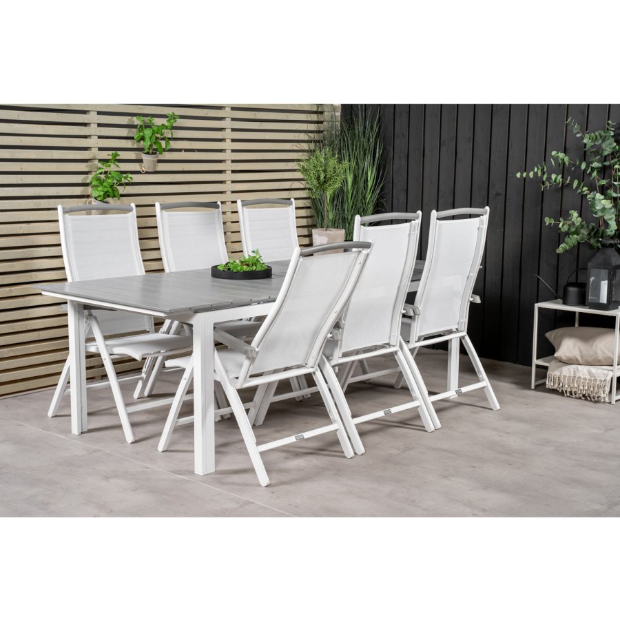 VENTURE DESIGN havest, m. Levels bord, m. udtrk og 6 Albany 5:pos. stole - aintwood/alu