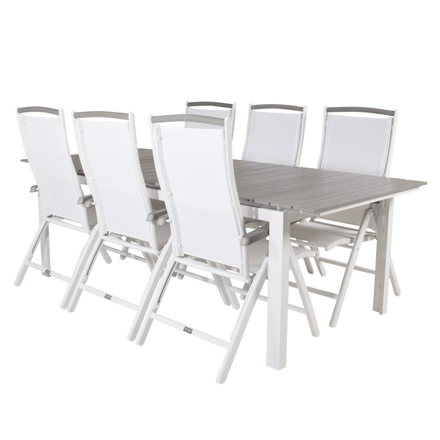 VENTURE DESIGN havest, m. Levels bord, m. udtrk og 6 Albany 5:pos. stole - aintwood/alu