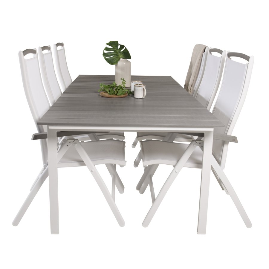 VENTURE DESIGN havest, m. Levels bord, m. udtrk og 6 Albany 5:pos. stole - aintwood/alu