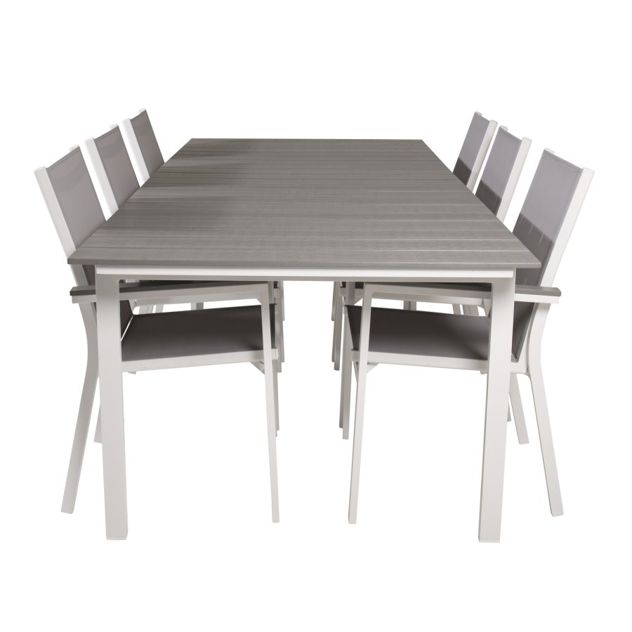 VENTURE DESIGN havest, m. Levels bord, m. udtrk og 6 Parma stole, m. armln - alu/aintwood 