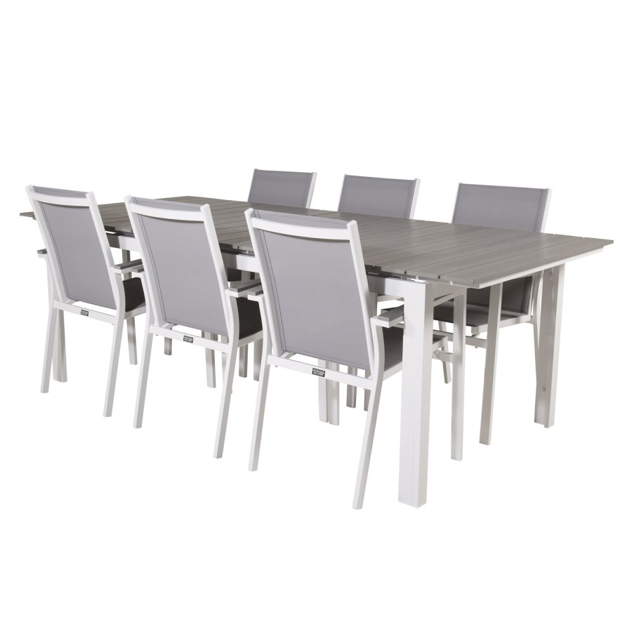 VENTURE DESIGN havest, m. Levels bord, m. udtrk og 6 Parma stole, m. armln - alu/aintwood 