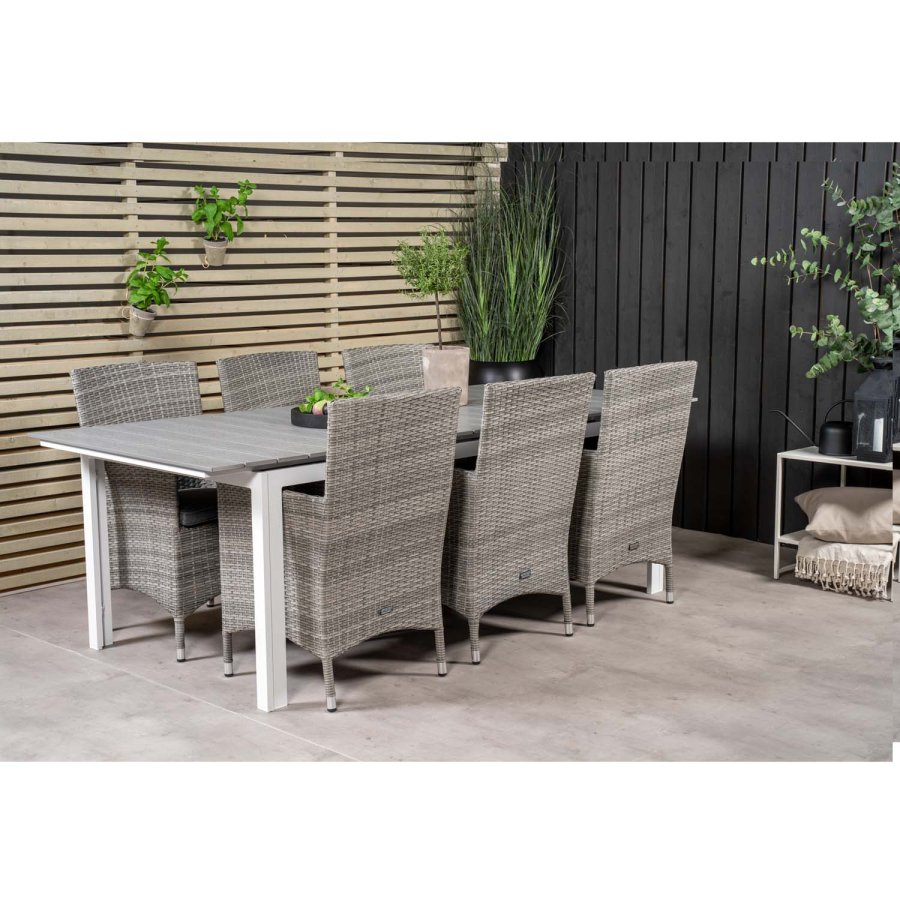 VENTURE DESIGN havest, m. Levels bord, m. udtrk og 6 Malin stole, m. armln - aintwood/alu