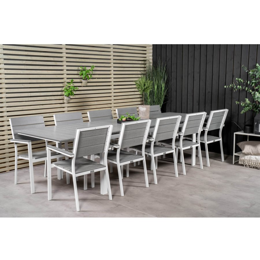 VENTURE DESIGN Levels havest m. bord m. udtrk og 10 stole m. armln - gr aintwood/hvid alu