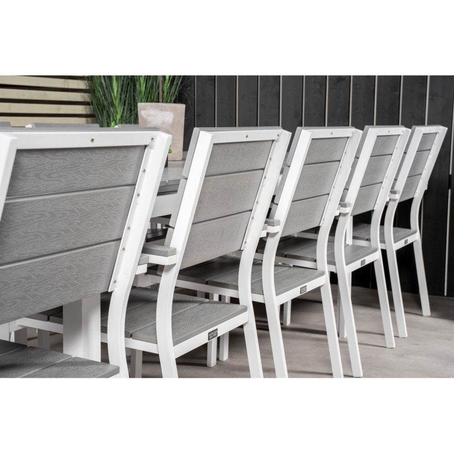 VENTURE DESIGN Levels havest m. bord m. udtrk og 10 stole m. armln - gr aintwood/hvid alu