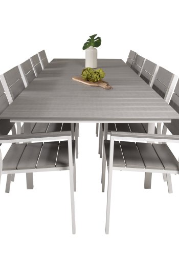 VENTURE DESIGN Levels havest m. bord m. udtrk og 10 stole m. armln - gr aintwood/hvid alu