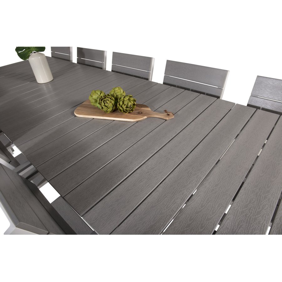 VENTURE DESIGN Levels havest m. bord m. udtrk og 10 stole m. armln - gr aintwood/hvid alu