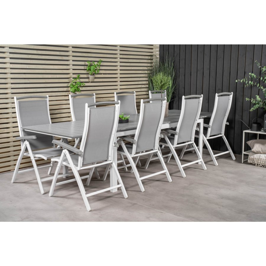 VENTURE DESIGN havest m. Levels bord m. udtrk og 8 Albany stole m. recliner - gr aintwood/textile